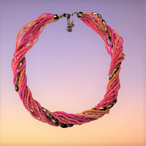Pink and Orange Beaded Twist 13 Strand Bead Necklace - Picture 2 of 10